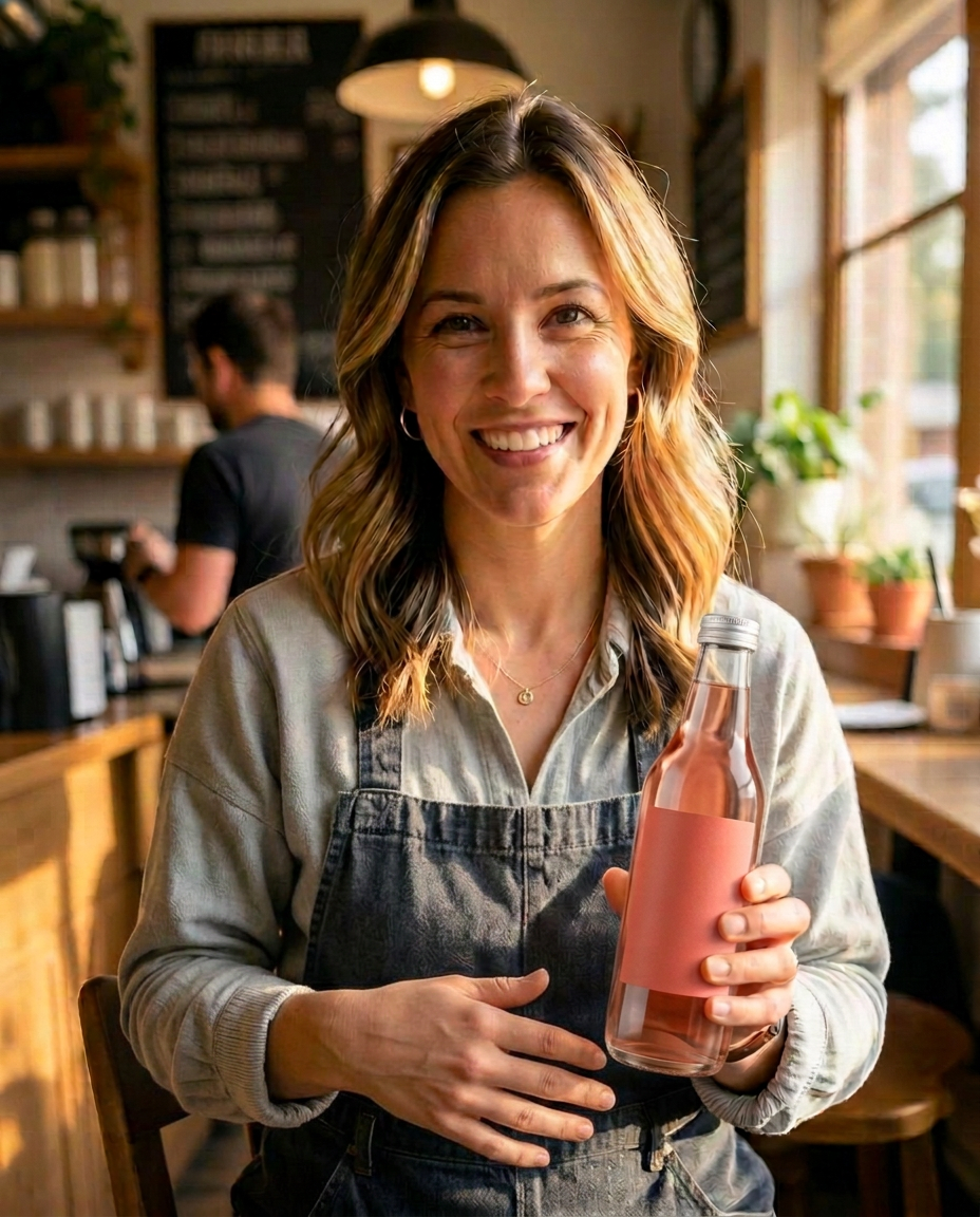 Creator naturally holding a branded wellness bottle