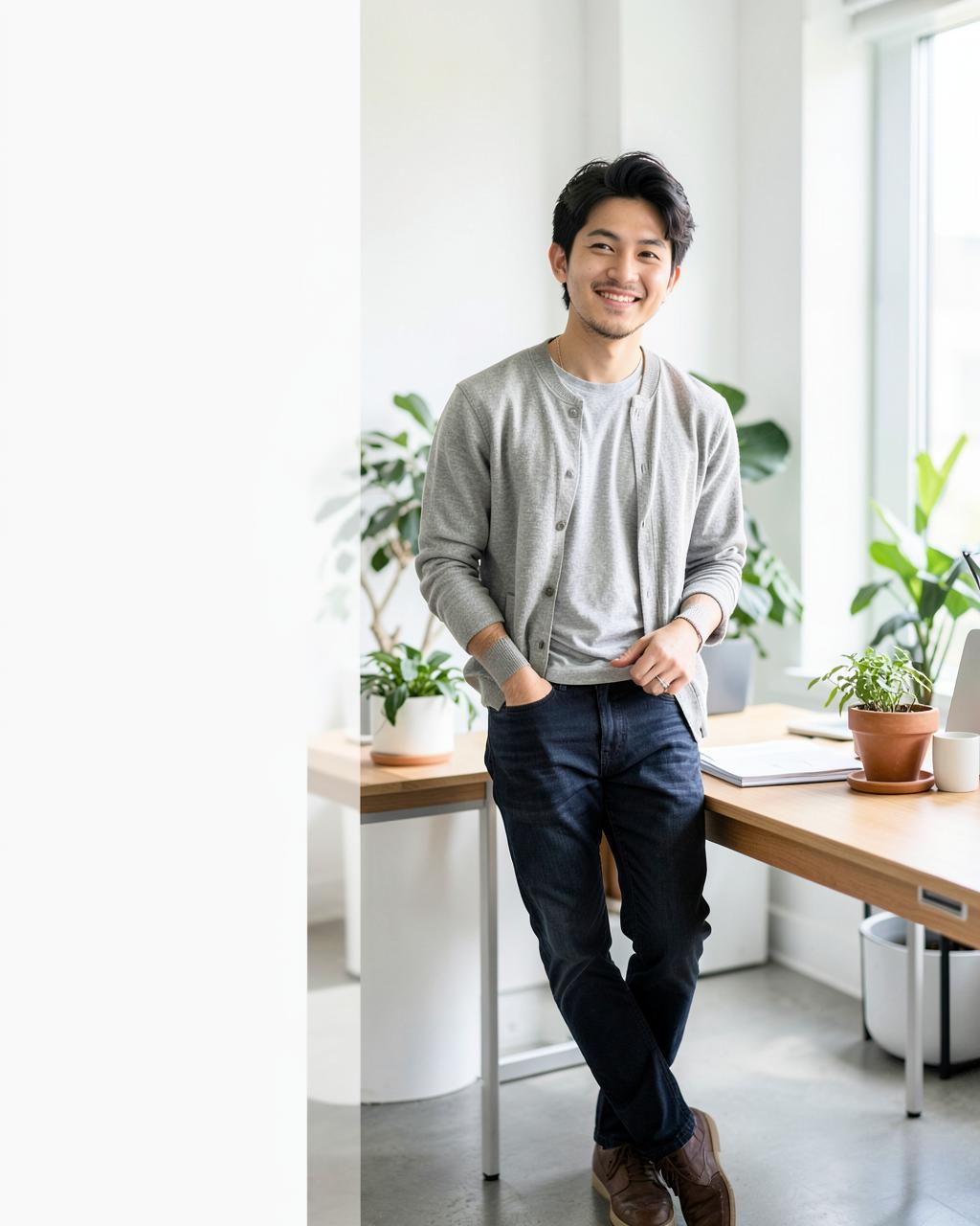 Founder leaning against a desk in a bright minimal office